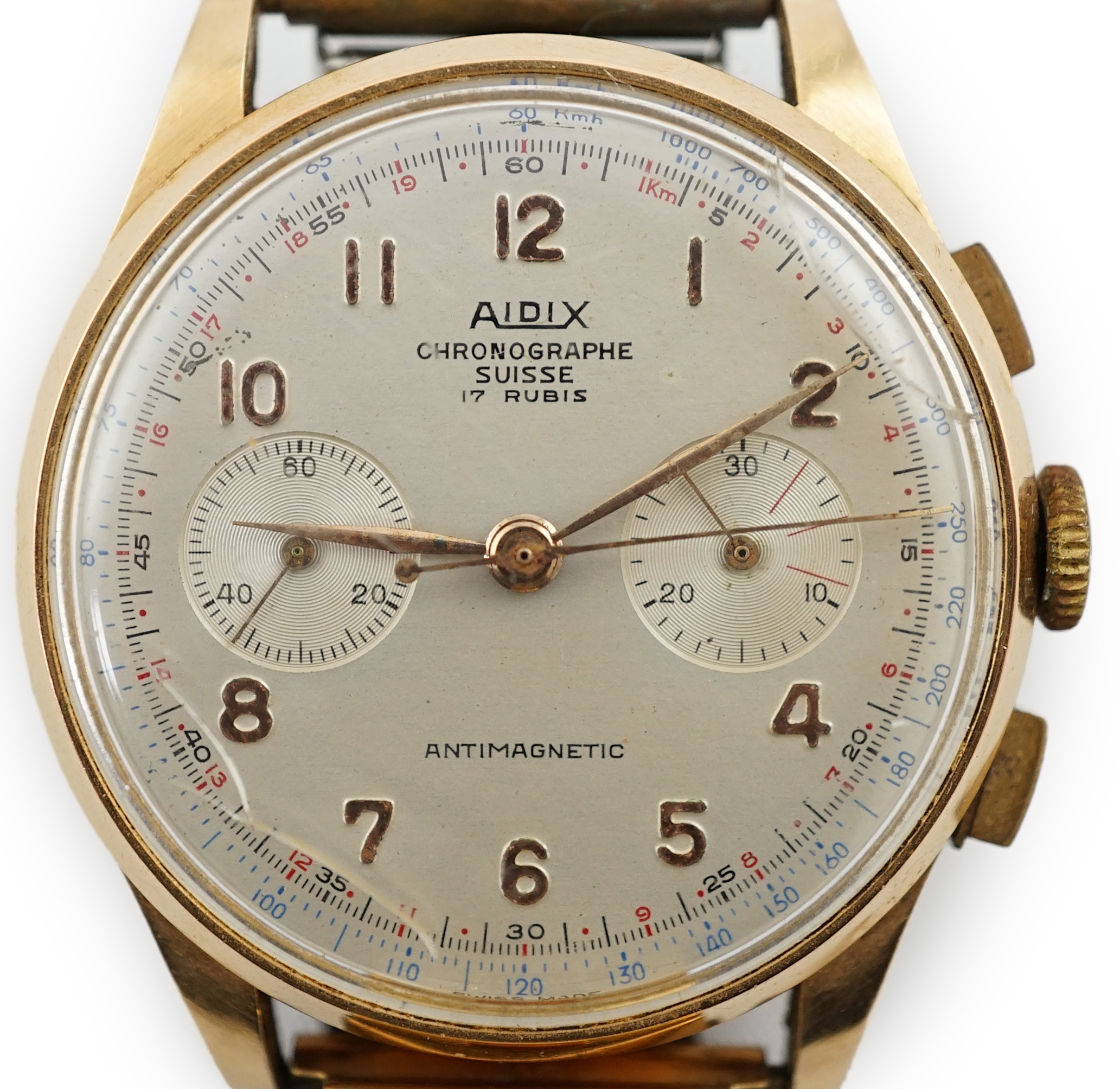 A gentleman's 18ct gold Aidix chronograph manual wind wrist watch